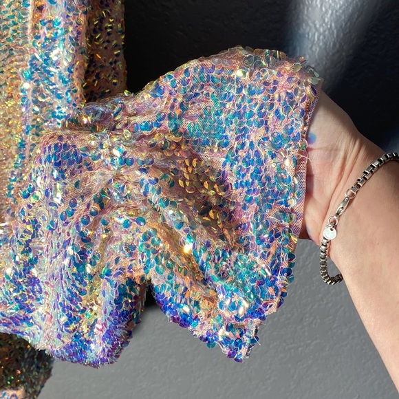 FREE PEOPLE - blouse: l/s w translucent sequins, lined, cowl draped rear - XL - Picture 11 of 16